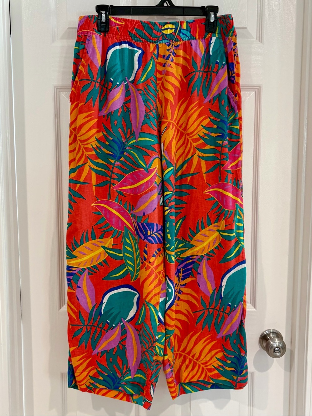 C&C California Pants Women Sz L Multicolor Floral 100% Linen Wide Leg Tropical